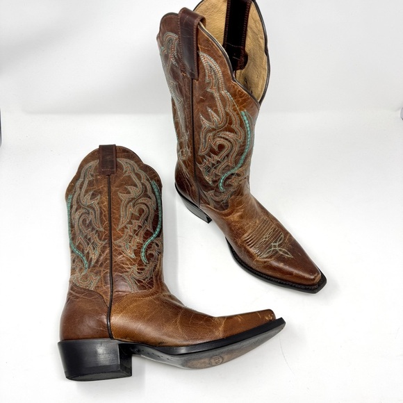 J.B. Dillion Brown with Turquoise Stitching Cowboy Boots - Picture 3 of 11